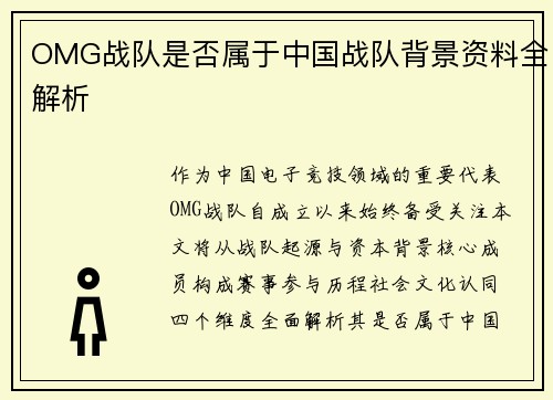 OMG战队是否属于中国战队背景资料全解析