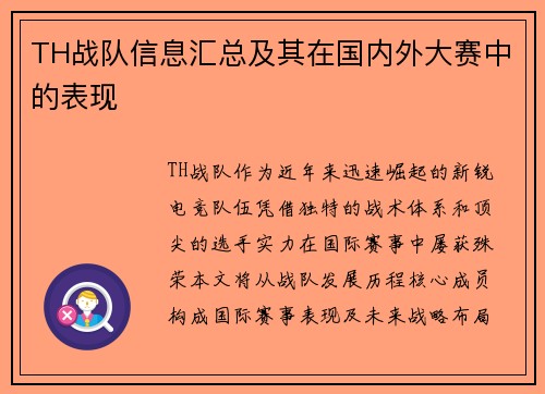 TH战队信息汇总及其在国内外大赛中的表现