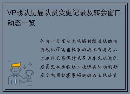 VP战队历届队员变更记录及转会窗口动态一览