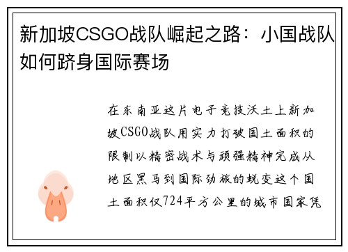 新加坡CSGO战队崛起之路：小国战队如何跻身国际赛场